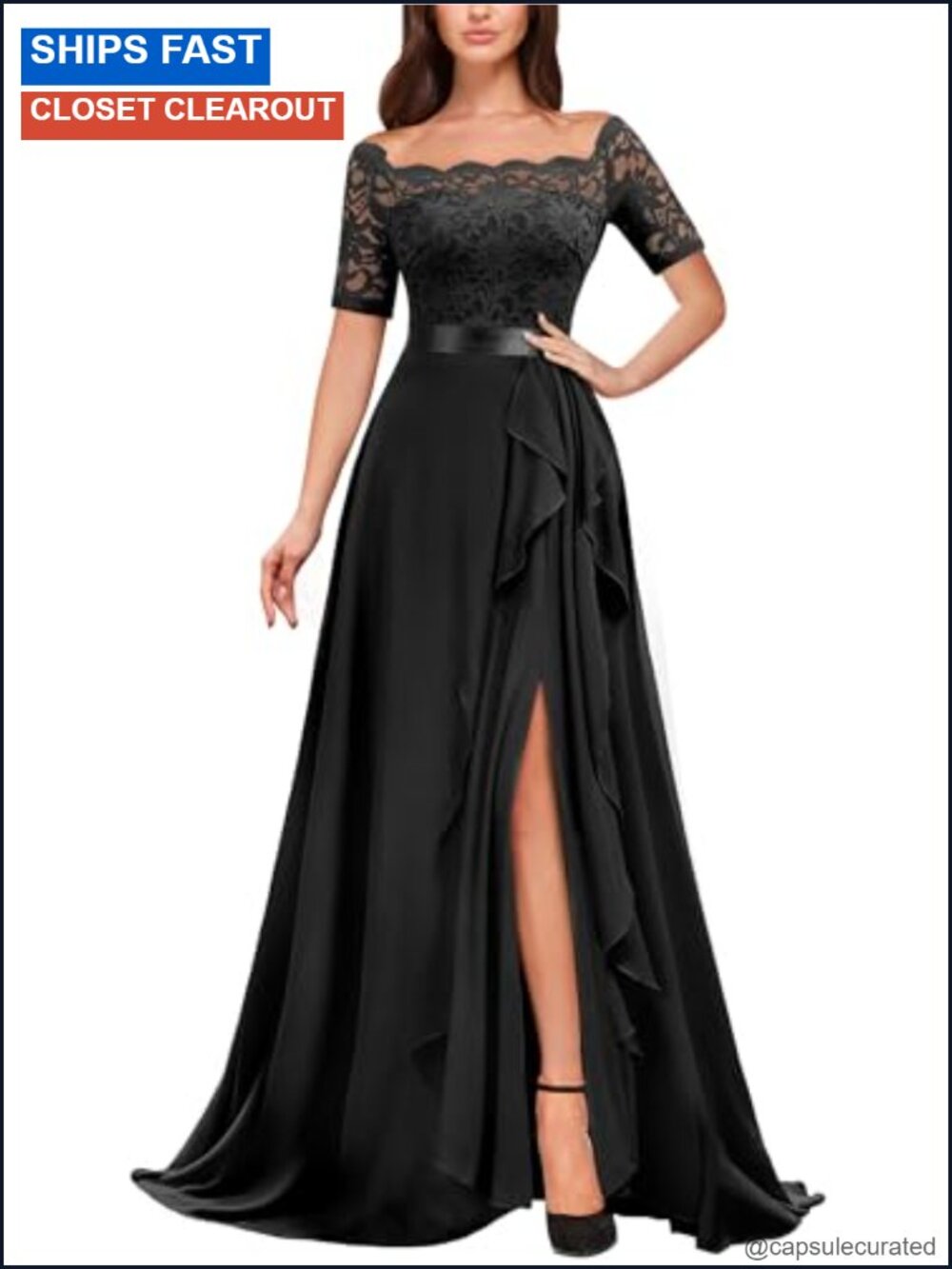 Off Shoulder Floral Lace High Split Chiffon Bridesmaid Gown